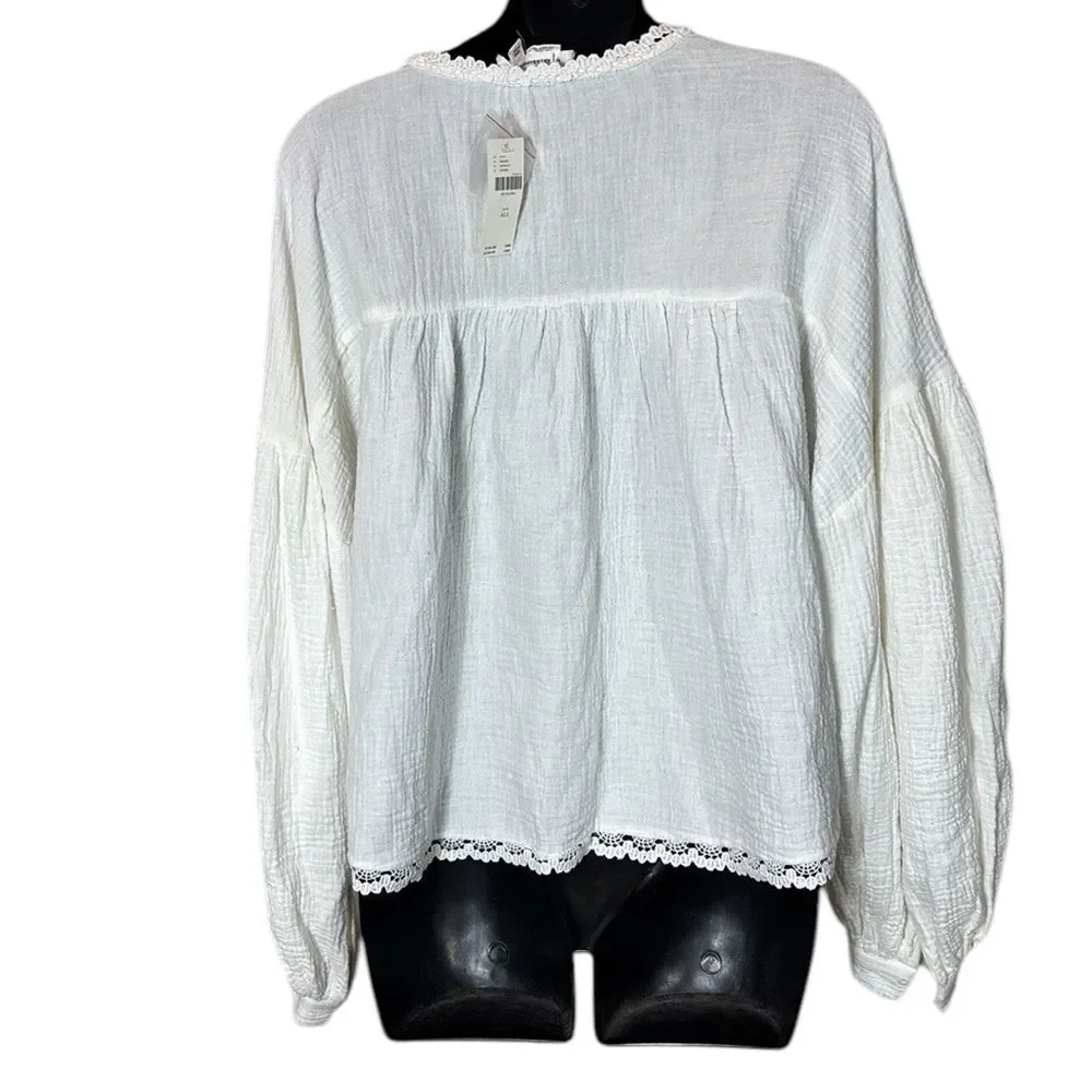 Anthropologie women’s one size bohemian lace long sleeve gauze top NEW white